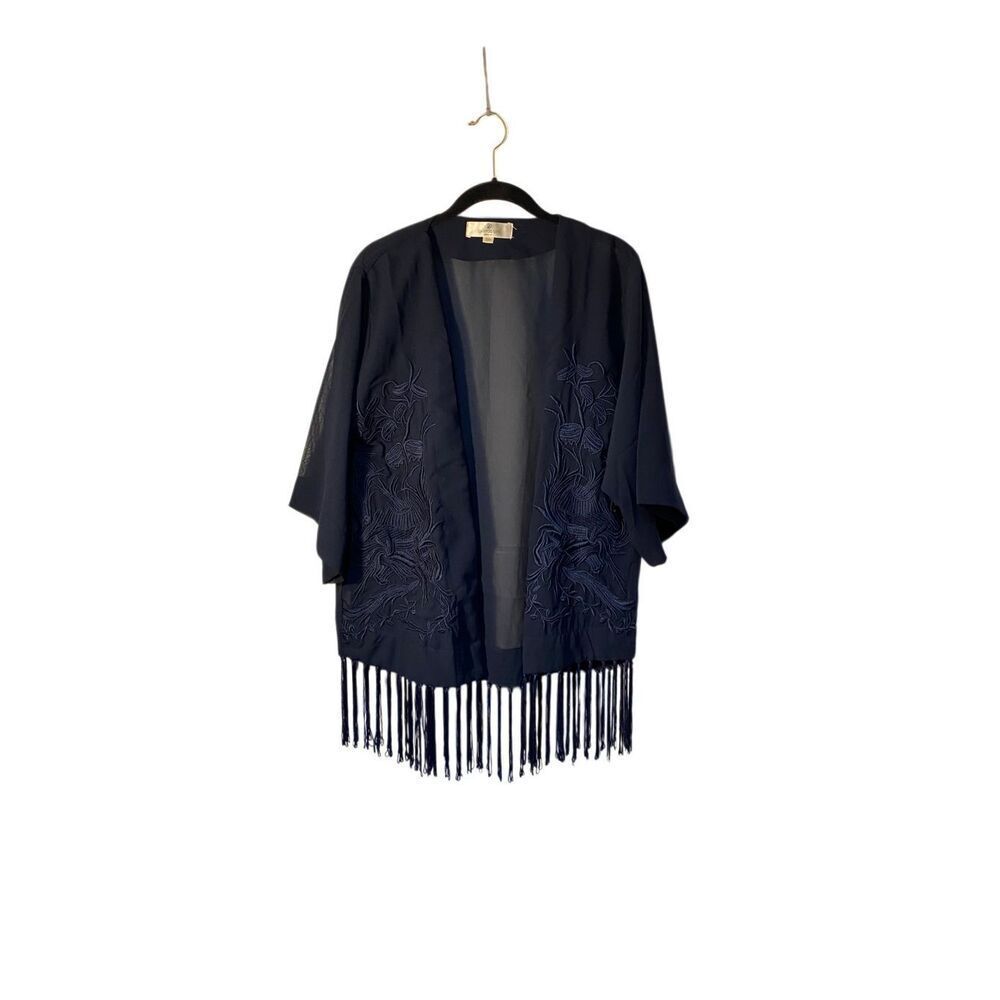 Pia Rossini navy blue embroidered fringe, cover-up boho cardigan, M